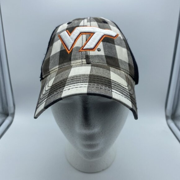 Virginia Tech Hokies Tan Plaid Cap Trucker Hat Hook & Loop NCAA Mesh - Picture 3 of 16